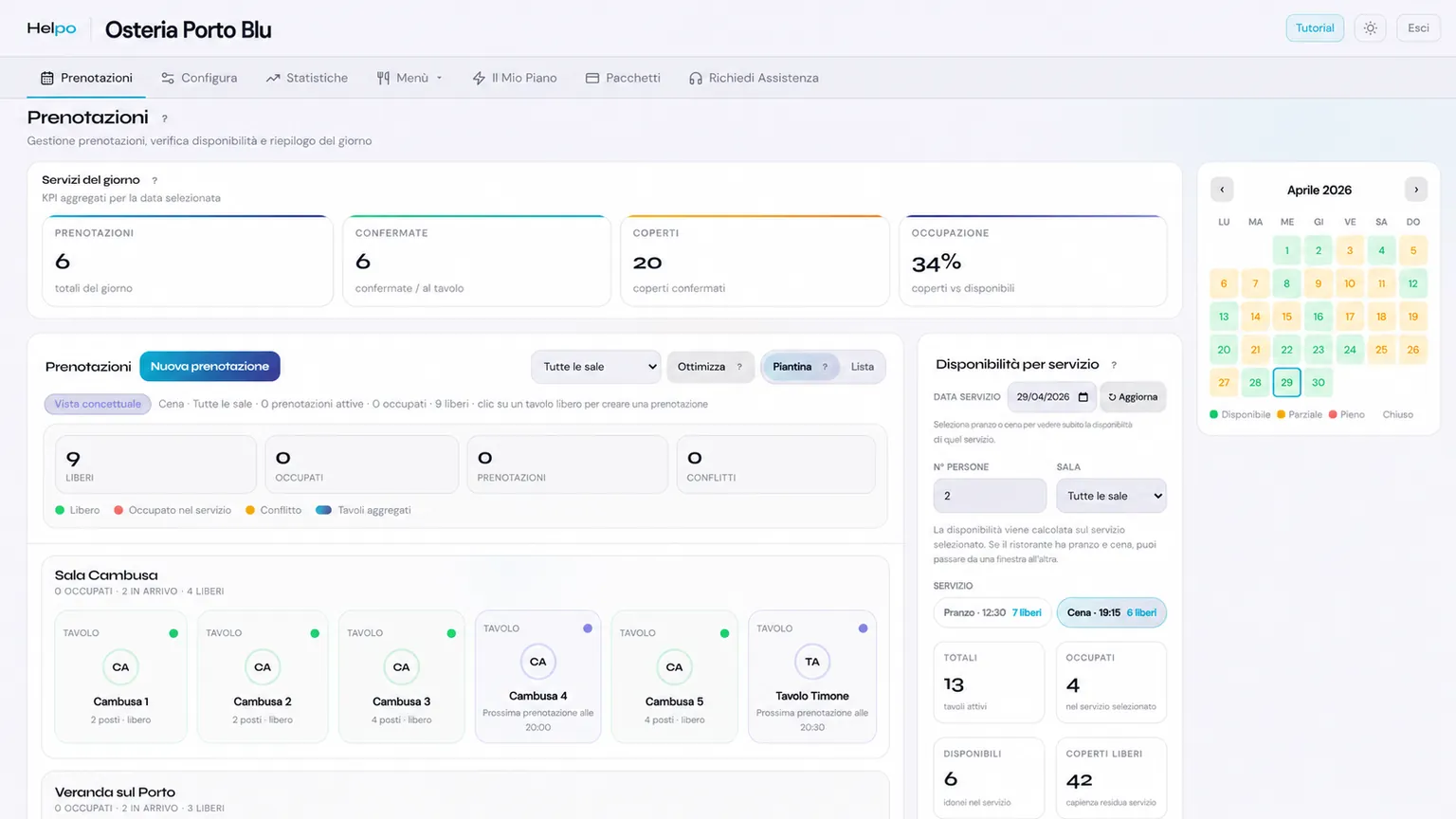Dashboard prenotazioni Helpo — piantina tavoli, coperti e disponibilità